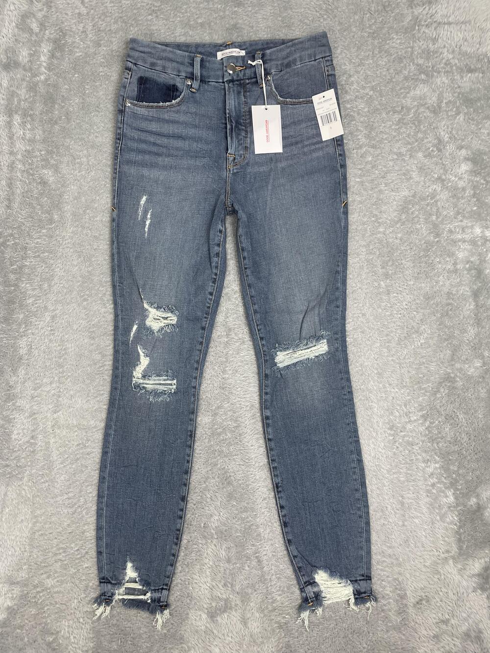 Good American Good Waist Released Chewed Hem Jeans Womens 6/28 Blue Distressed
